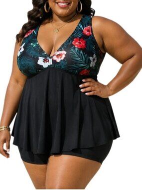 Aqua Eve Plus Size 26W Tankini Set Two Piece Swimsuit Cross Straps Padded Bra